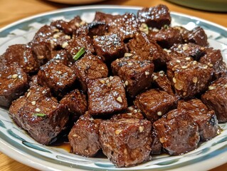A plate of glossy, cubed beef garnished with sesame seeds, likely served as a dish.
