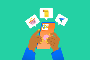 Hands Using Smartphone with Shopping, Receipt, and Mail Icons