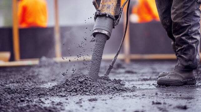 A close-up shot of a concrete pump operator directing the flow of concrete into formwork for a high-rise building foundation, Concrete pumping scene, Fluid delivery style