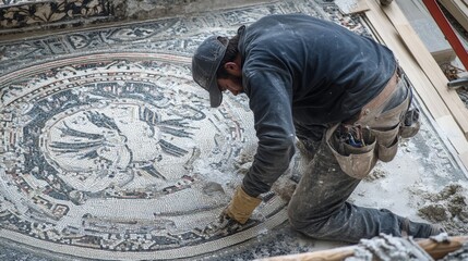A close-up shot of a construction worker meticulously laying intricate mosaic tiles on the facade of a historic cathedral during restoration, Cathedral restoration scene, Artisan craftsmanship style