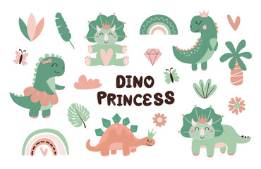 Dino princess collection. Rainbow, leaves, flower, butterfly, and diamond. Cute vector characters.