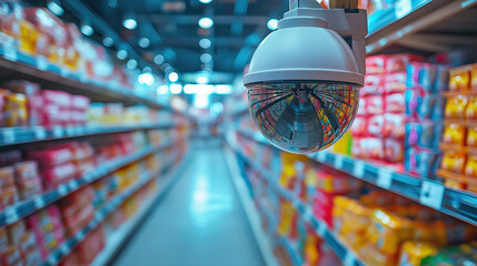 Surveillance camera in a grocery store aisle with colorful products