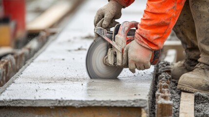 Obraz premium A close-up shot of a construction worker using a diamond saw to cut through reinforced concrete at a bridge renovation site, Bridge renovation scene, Concrete cutting style
