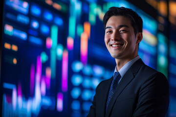 Confident Financial Product Manager Standing in Front of Data Screen