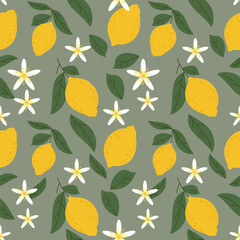 Seamless pattern with lemon fruit, leaves, and flowers