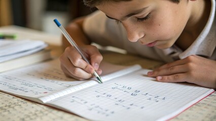 Focused schoolboy solving math problems at home in a notebook