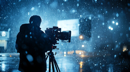 Fototapeta premium Cameraman filming in snowy night.