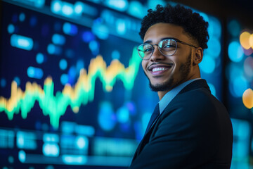 Confident Financial Product Manager Standing in Front of Data Screen