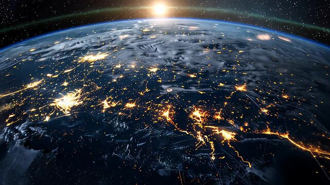 planet with a network of lines connecting it to other planets. Connections system and global datas exchanges over the globe 3D rendering elements of this image 
