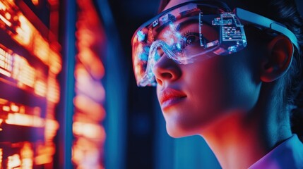 Fototapeta premium A focused woman in futuristic glasses, analyzing data visuals.