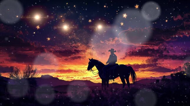 landscape silhouette of a cowboy riding a horse at night with a view of a sky full of stars. Virtual 4K video animation background with looping time lapse with very smooth graphics.