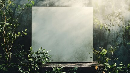 Blank canvas standing on wooden shelf with plants and concrete wall background