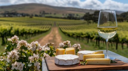 A beautiful vineyard fills the background as a glass of white wine and a cheese platter sit on a wooden board. The sun shines bright and the lush greenery creates a serene atmosphere for relaxation.