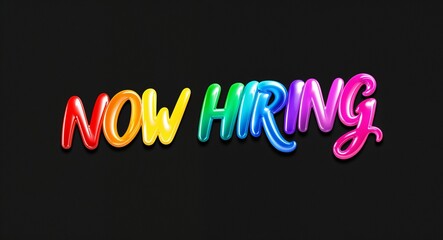 Obraz premium now hiring colorful calligraphic shining shiny smooth lettering on plain black background