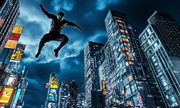 A dynamic urban scene featuring a superhero leaping above futuristic cars in a neon cityscape.