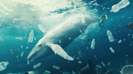 Fototapeta premium Whale Swimming in a Sea of Plastic