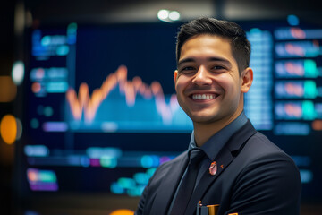 Confident Financial Product Manager Standing in Front of Data Screen