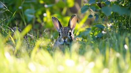 A rabbit peeking through tall grass in a natural setting.