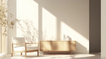 Minimalist living room with sunlight, armchair, and wooden cabinet.
