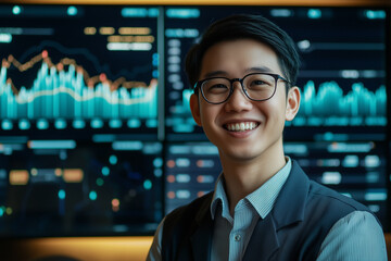 Fototapeta premium Confident Financial Product Manager Standing in Front of Data Screen