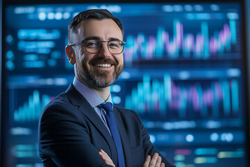 Fototapeta premium Confident Financial Product Manager Standing in Front of Data Screen
