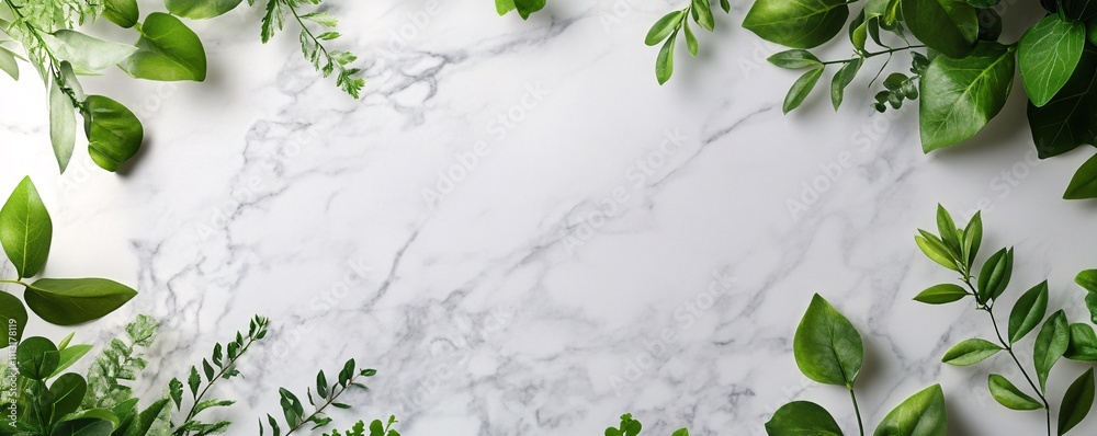 Poster green leaves bordering white marble surface creating empty space