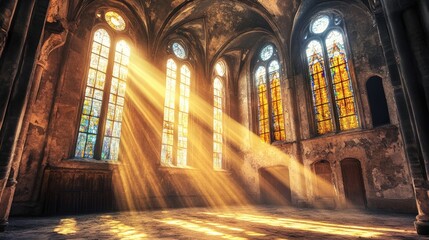 Sunbeams illuminate stained glass in ruined church.