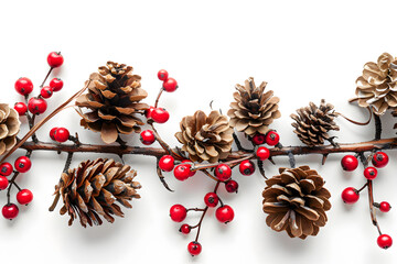 Holiday Christmas decoration featuring holly berries and pine cones against a pure white background