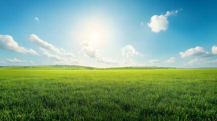Obraz premium Clear blue sky above a green meadow with rolling hills and soft clouds creating a serene landscape