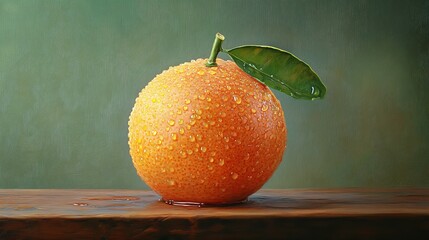 single ripe citrus fruit with water droplets on its surface, resting on a wooden table against an...