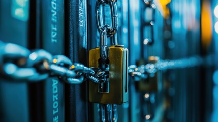 Fototapeta premium A close-up of a locked chain securing storage units.