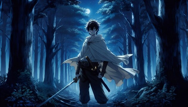 anime man in the dark with sword
