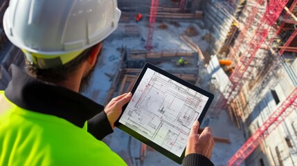 A construction planner using a tablet to review project plans at a busy construction site, Construction planning scene, Modern and efficient style