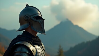 Caballero antiguo en armadura negra mirando al cielo con energía divina