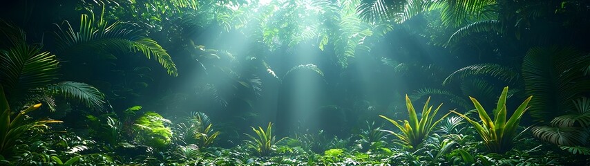 Obraz premium A breathtaking view of a lush green rainforest, illuminated by cascading beams of sunlight filtering through the dense foliage, creating a serene and mystical atmosphere.