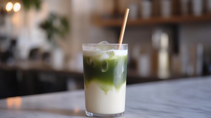Refreshing matcha iced latte in a glass with ice cubes and a straw on a marble counter.