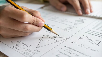 Focused student solving geometry problems with pencil on paper