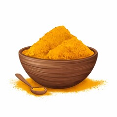 cartoon design of turmeric spice powder in a wooden bowl and spoon close up isolated white background