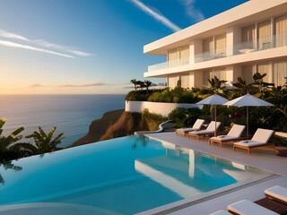 Fototapeta premium luxury hotel near beautiful ocean sunset with infinity pool, vacation and holiday concept 