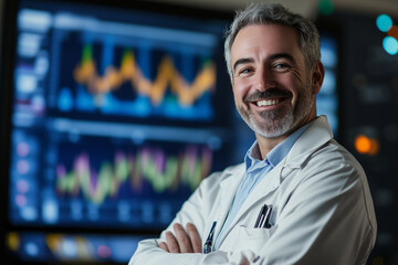 Confident Financial Product Manager Standing in Front of Data Screen