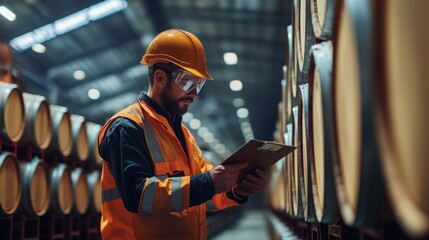 In a spacious wine facility, a worker wearing an orange hard hat and safety glasses carefully checks details on a clipboard while standing beside wooden wine barrels stacked neatly in rows.