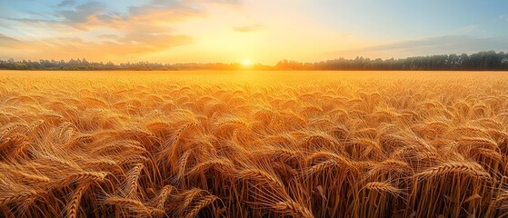 A breathtaking golden wheat field at sunrise, showcasing lush golden crops under a vibrant sky, with soft pastel colors enhancing the serene landscape.