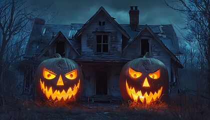 abandoned house with glowing pumpkin faces
