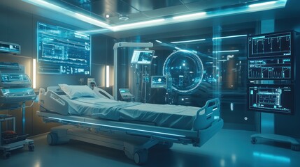 Fototapeta premium Futuristic hospital room with advanced medical technology and monitors.