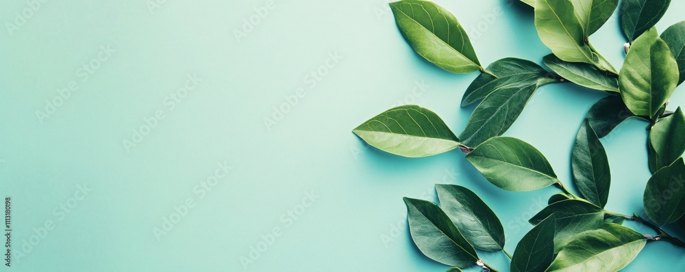 Poster green leaves arranged on light blue background creating negative space