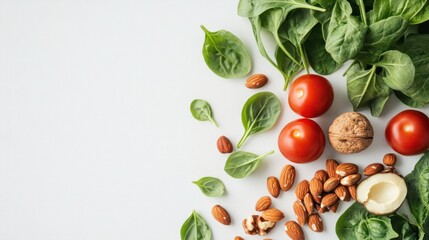 Healthy food ingredients spinach, tomatoes, almonds, walnuts on white background.
