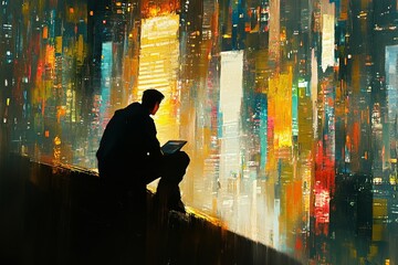 Fototapeta premium A mysterious silhouette embarks on an emotional journey, symbolizing the pursuit of life’s goals, the unknown path of destiny, and the beginning of self-discovery. This evocative visual captures mixed