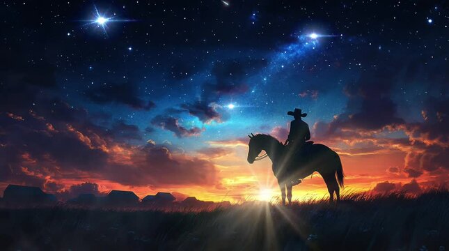 silhouette of a cowboy riding a horse at night with a view of a sky full of stars. Virtual 4K video animation background with looping time lapse with very smooth graphics.