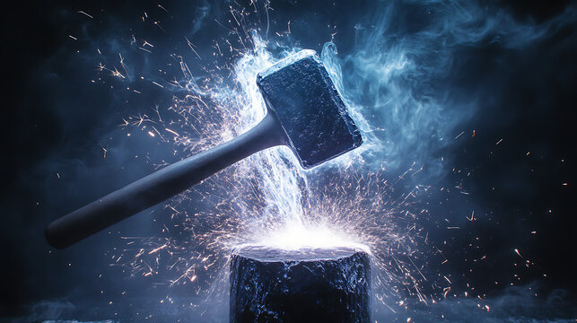Fiery hammer striking metal, sparks and smoke.