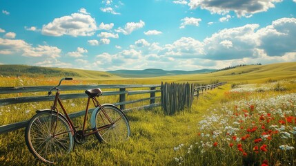 Fototapeta premium A sunny landscape with a vintage bike by a fence invites a tranquil day in nature's beauty.